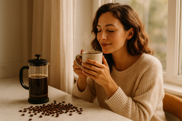 Her Daily Coffee, make me a lifestyle photo for my new product collection for my store. Going to sell Her Daily Coffee