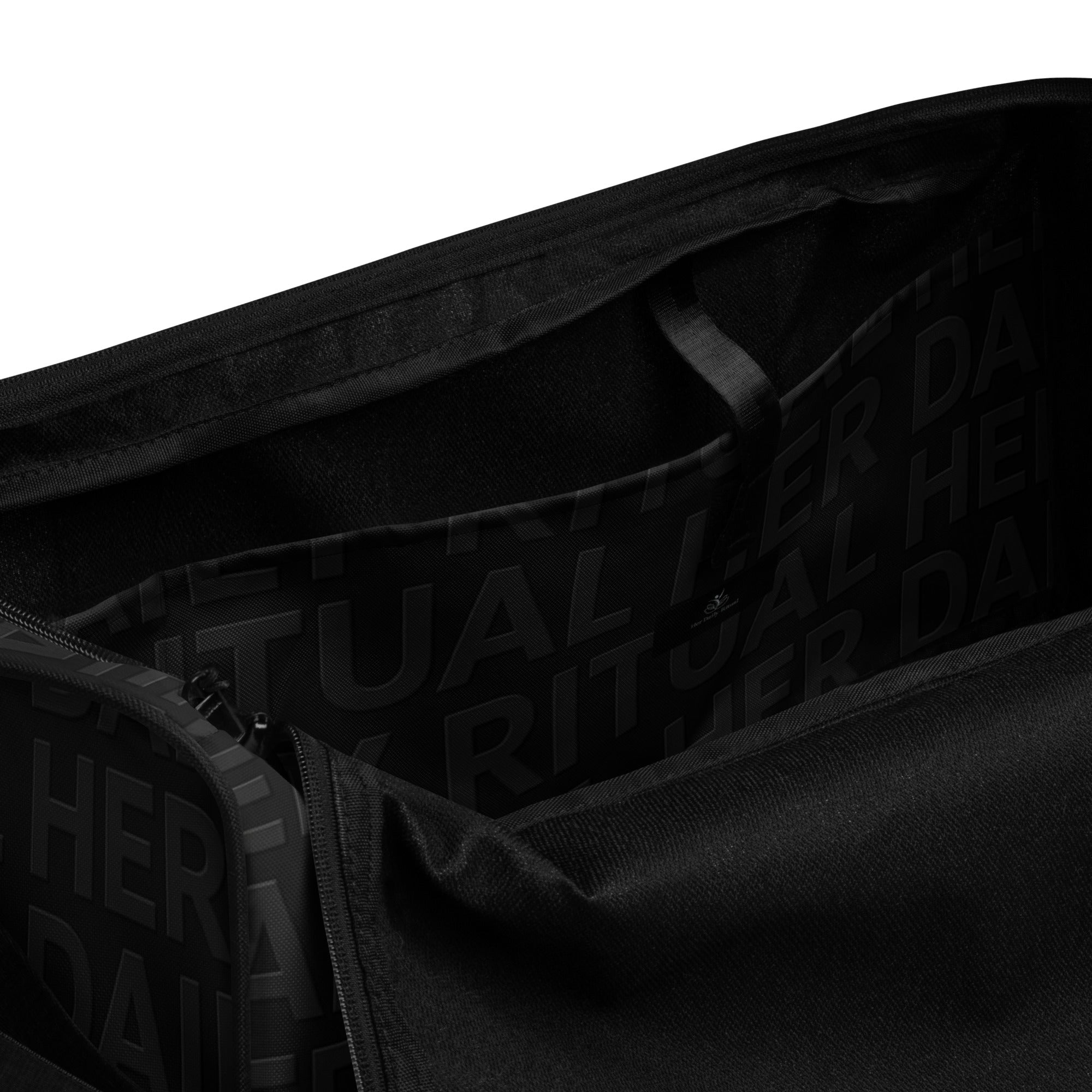 Interior of Her Daily Ritual Duffle Bag showing spacious compartments and secure zipper pocket